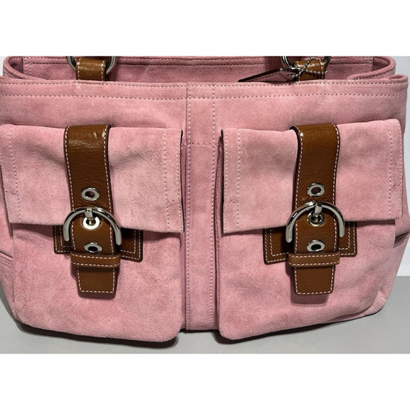 VTG Coach Suede Soho Double Buckle Flap Shoulder Bag Pink Tote Large Satchel Y2K - Picture 3 of 16